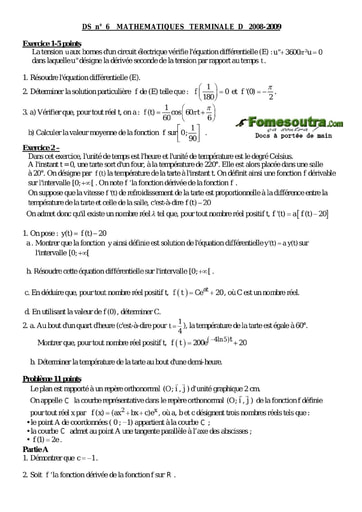 Devoir corrigé (35) de maths niveau Terminale D