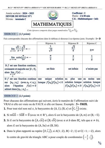 DEVOIR DE NIVEAU N°1 Maths Tle C DU TRIMESTRE by Tehua