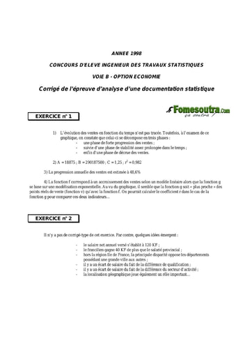 Corrigé Analyse d'une Documentation Statistique ITS B option Economie 1998 (ENSEA)