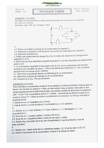 Sujet de Physique-Chimie Terminale C 2021