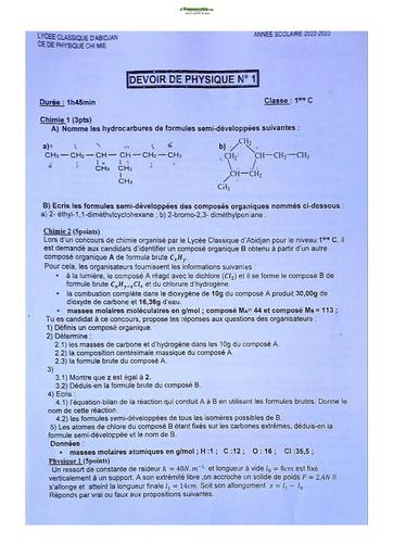 Sujet de Physique-Chimie Première C Lycée Classique Abidjan 2022-2023