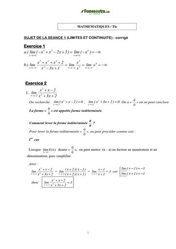 COURS DE VACANCES MATHS TLE CORRIGE SUJET 1 (LIMITES ET CONTINUITE)