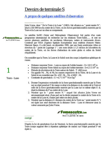 Devoir corrigé (1) de Physique portant sur l'interaction gravitationnelle niveau Terminale