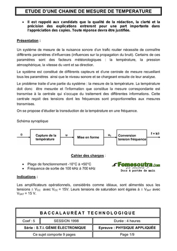 Sujet de Physique Appliquée - BAC Génie Électronique 1998