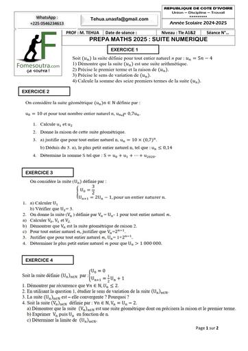 PREPA BAC 2025 MATHS SERIE A1&A1FICHE SUITE NUMERIQUE AVRIL 2025 BY TEHUA