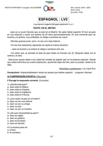 TAREA De Espagnol DE la LECCION 3 de 3ième en el métro By Tehua
