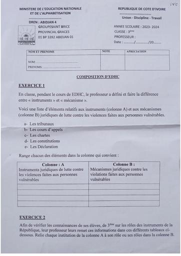 Composition de fin de trimestre EDHC provincial 2024 niveau 3ieme by Tehua
