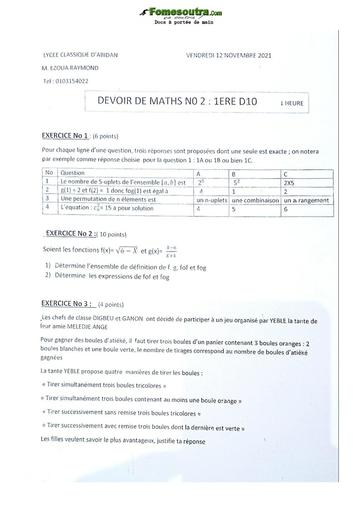 Sujet de Mathématique Première D Lycée Classique Abidjan 2021-2022