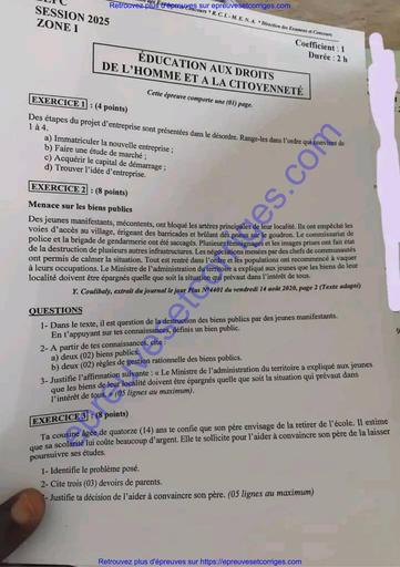 Preuve d’Éducation aux Droits de l’Homme et à la Citoyenneté – BEPC 2025 – Zone 1 – Côte d’Ivoire