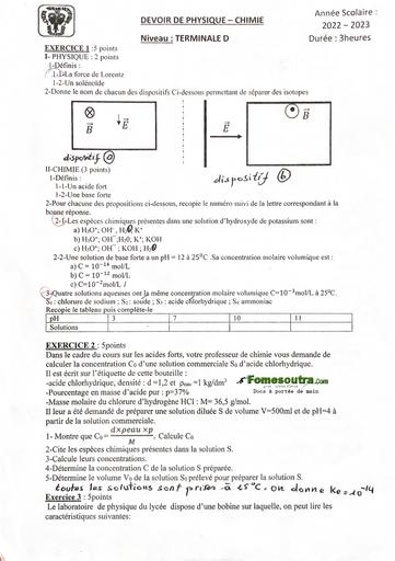 DEVOIR DE PC TLE D LYCÉE SCIENTIFIQUE YAMOUSSOUKRO 2023