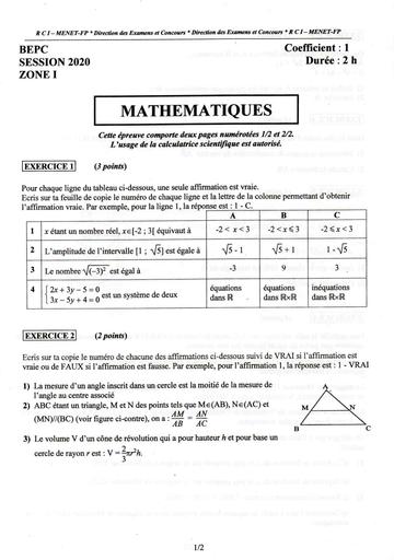 EPREUVE BEPC 2020 ZONE 1 MATHS COTE D'IVOIRE