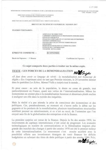 Examen BTS 2017_économie_PIGIER CI_filières tertiaires - ASSISTANAT DE DIRECTION - CARRIÈRES JURIDIQUES PROFESSIONS IMMOBILIERS - FINANCES_ASSURANCES - FINANCES_COMPTABILITÉ ET GESTION DES ENTREPRISES - GESTION COMMERCIAL -GESTION