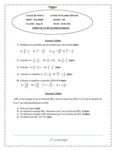 DEVOIR de maths 4ième wona N3 by TEHUA