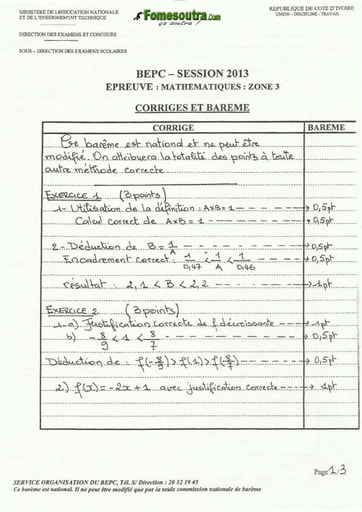 Corrigé de mathématique BEPC 2013 Zone 3