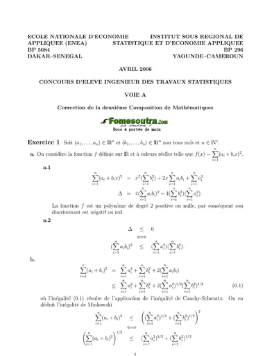 Corrigé 2ème épreuve de maths ITS A 2006 (ENSAE - ISSEA)