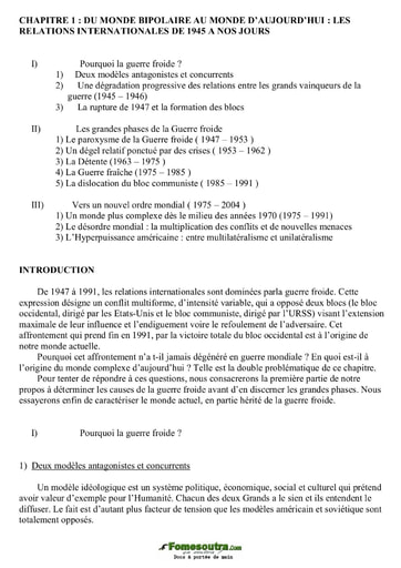 Du monde bipolaire au monde d’aujourd’hui : les relations internationales de 1945 à nos jours - Cours  d'Histoire niveau Terminale