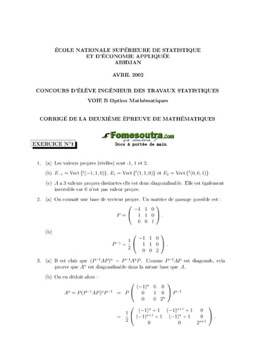 Corrigé 2ème épreuve de maths ITS B option Maths 2002 (ENSEA)
