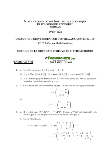 Corrigé 2ème épreuve de maths ITS B option Maths 2002 (ENSEA)