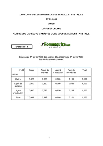 Corrigé Analyse d'une Documentation Statistique ITS B option Economie 2003 (ENSEA)