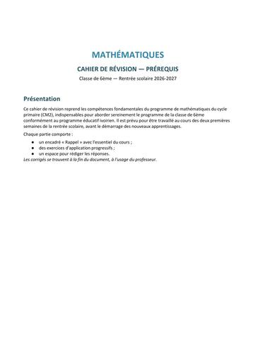 MATHS Cahier Revision Prerequis 6eme by TEHUA