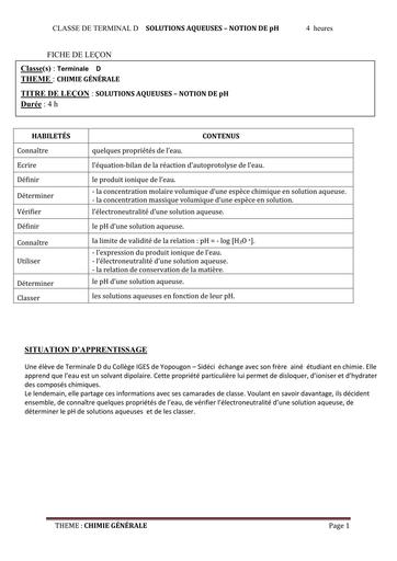 FICHE DE COURS CHIMIE Tle D L1 SOLUTION AQUEUSE