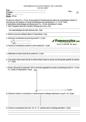 Interrogation 28 de Chimie niveau Terminale D