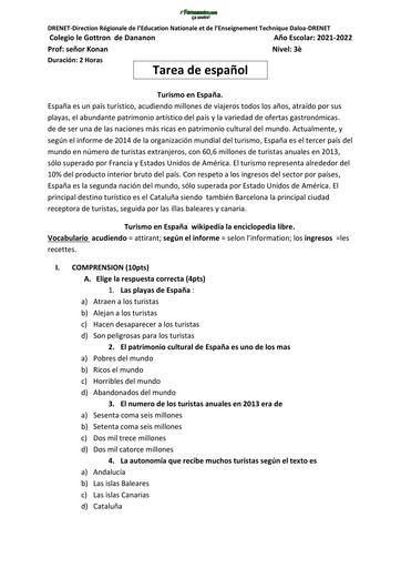 Sujet 3ième devoir d'Espagnol By Tehua