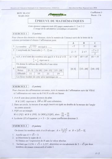 Bepc Blanc 2024 Maths Dren Abidjan 4 sujet+barème by Tehua