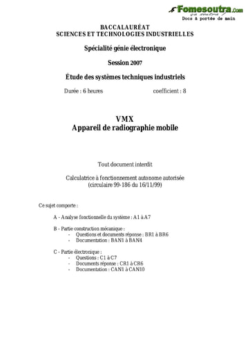 Présentation du sujet corrigé VMX Appareil de radiographie mobile - Étude des Systèmes Techniques Industriels - BAC 2007