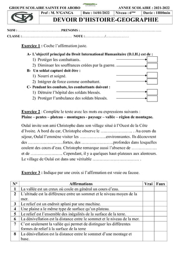 Devoir de Histoire-Géographie Collège Sainte Foi Abobo Niveau 6ème 2021-2022