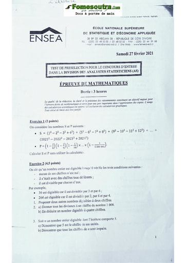 Sujet ENSEA Niveau Division des Analystes Statisticiens (AS) Fevrier 2021