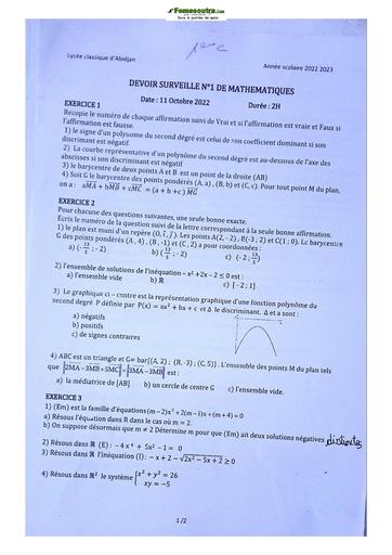 Sujets de mathématiques Première C Lycée Classique Abidjan 2022-2023