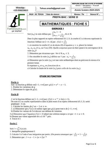 PREPA BAC 2025 SERIE D MATHS FICHE 5 BY TEHUA