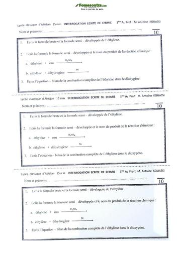 Devoir de Physique-Chimie Première A Lycée Moderne Abidjan 2021-2022