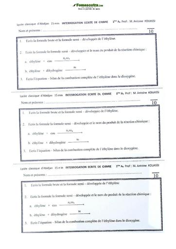 Devoir de Physique-Chimie Première A Lycée Moderne Abidjan 2021-2022