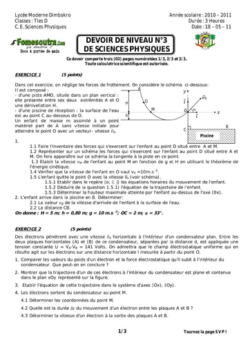 Devoir (23) Physique-Chimie niveau Terminale D lycée Moderne Dimbokro