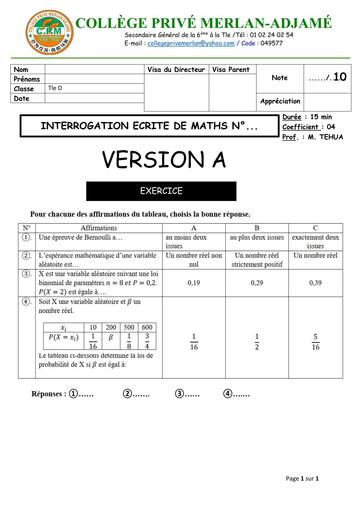 INTERROGATION ECRITE N°4 DE MATHS NIVEAU Tle D MERLAN DU 10 NOVEMBRE 2025 PROBA VERSION A by TEHUA