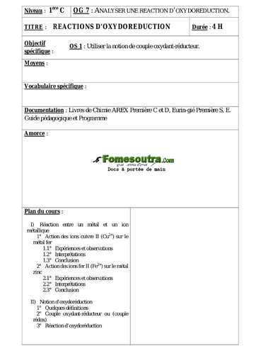 Réactions d’Oxydoréduction - Chimie 1ere C et D