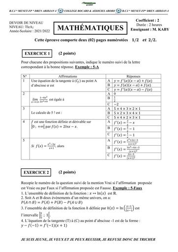 DEVOIR DE MATHS NIVEAU Tle A2 BOKABO 2022 BY TEHUA