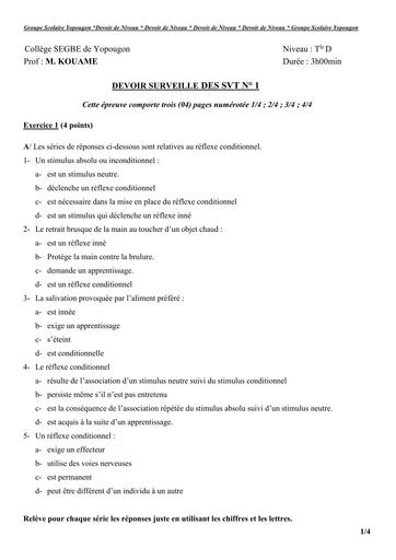 DEVOIR SVT Tle D SEGBE Reflexe et Tissu nerveux by TEHUA