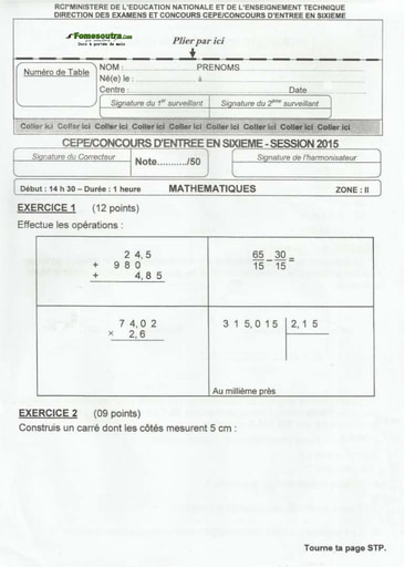 Sujet de Mathematique CEPE 2015 zone 2