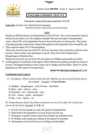 ENGLISH TEST 2 LEVEL 4ième 2 UNIT 3 by TEHUA