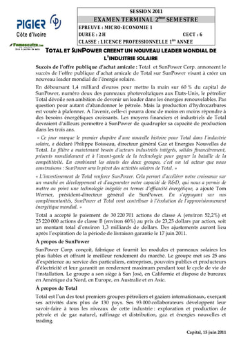 Sujet de Micro-Economie 1 Licence Professionnelle 1ere année session 2011 (2) - PIGIER