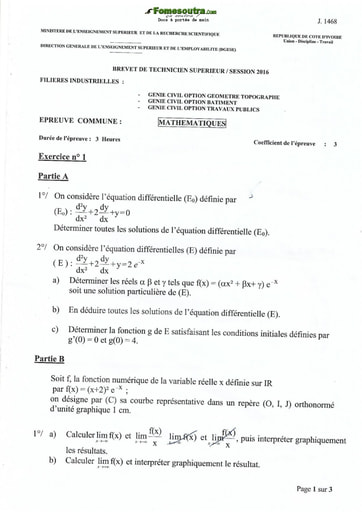 Sujet Mathématiques BTS 2016 Génie Civil option bâtiment / travaux publics