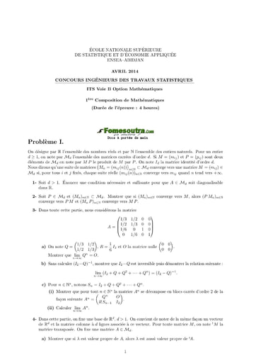 Sujet 1ère épreuve de maths ITS B option Maths 2014 (ENSEA)