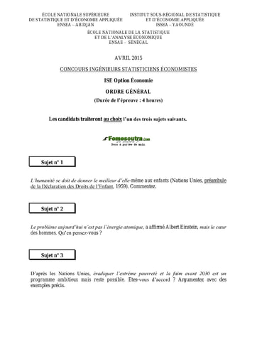 Sujet d'ordre générale ISE option Economie 2015 (ENSEA - ISSEA - ENSAE)