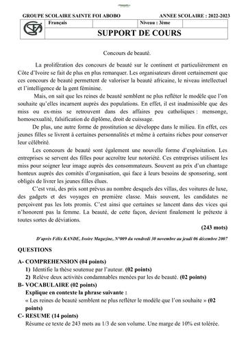 Sujets de composition française Niveau Troisième Collège Sainte Foi Abidjan 2023