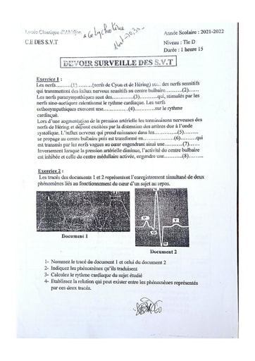 Devoir surveillé de SVT Terminale D Lycée Moderne Abidjan