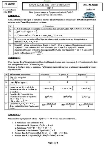 PREPA BAC 2025 MATHS SERIE A1 SUJET 11 BY TEHUA