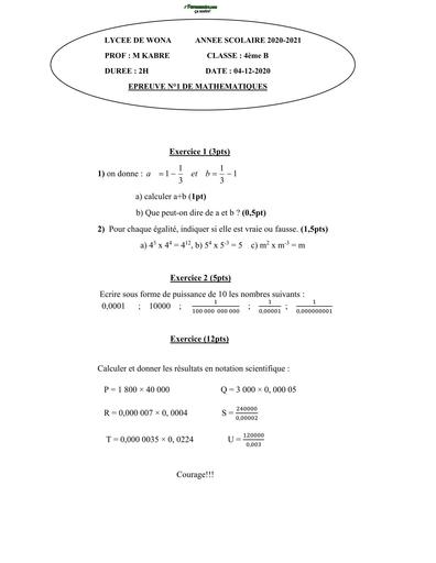 DEVOIR DE MATHS NIVEAU 4ième LYCEE DE WONA 2021 N°1 BY TEHUA